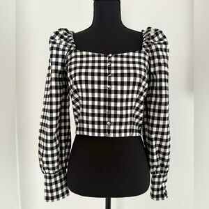 Bar III Crop Gingham Bodice Puff Sleeve Top